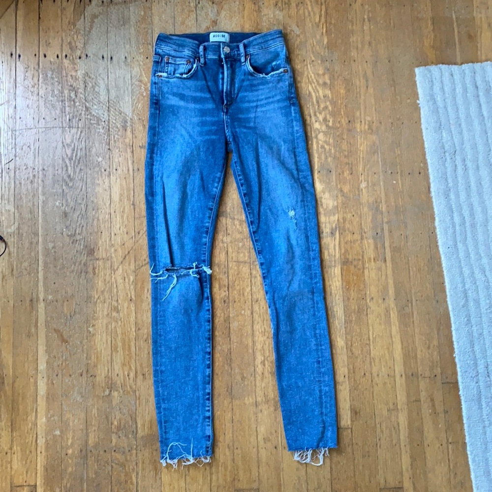 High rise medium wash Agolde skinny jeans